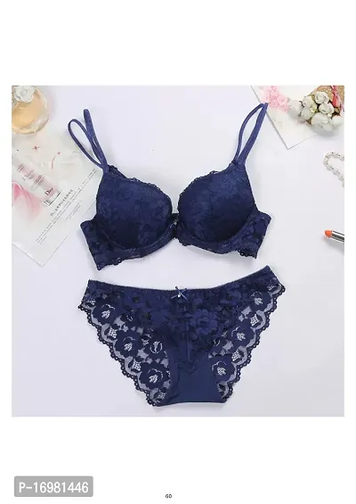 Classic Blue Lace Bra Panty Set For Women