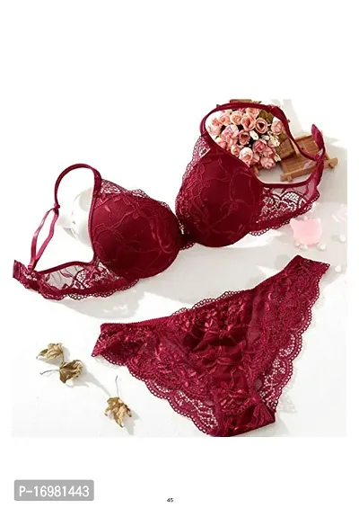 Classic Maroon Lace Bra Panty Set For Women-thumb0