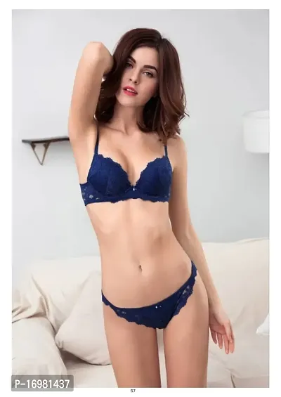 Classic Blue Lace Bra Panty Set For Women