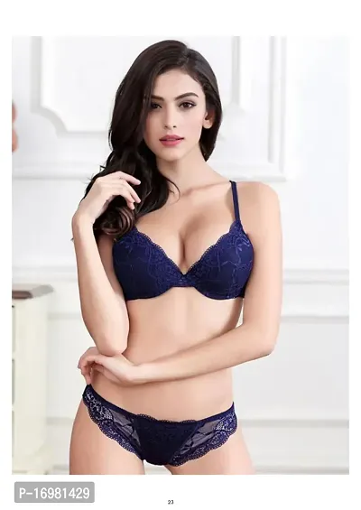 Classic Blue Lace Bra Panty Set For Women-thumb0