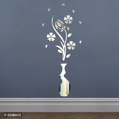 3D Acrylic Wall Sticker Flower And Vase Mirror Sticker- Friendly Wall Decals For Bedroom Living Room Bathroom Decoration (Silver)-thumb0