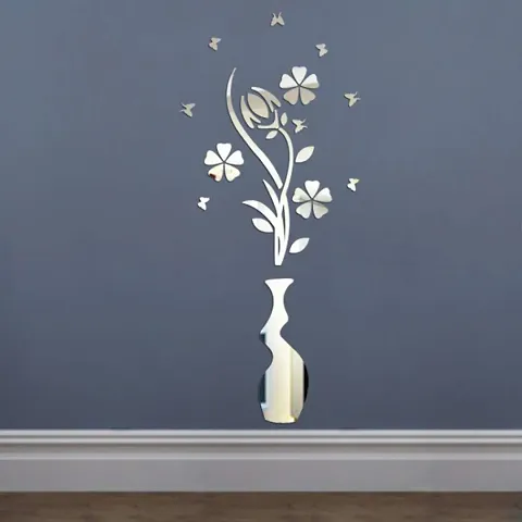 3D Acrylic Wall Sticker Flower And Vase Mirror Sticker- Friendly Wall Decals For Bedroom Living Room Bathroom Decoration (Silver)