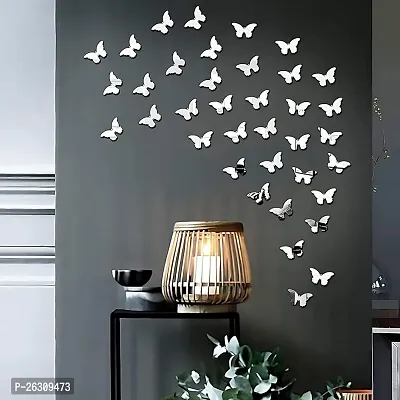 Butterfly Silver - 3D Acrylic Mirror Decorative Mirror Wall Sticker (Pack Of 40, Framed)-thumb0