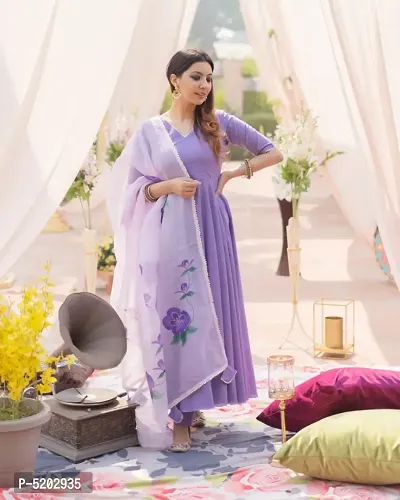 Women's Beautiful Purple Poly Silk Anarkali Solid Kurta, Bottom and Dupatta Set