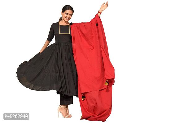 Women's Beautiful Black Rayon Anarkali Solid Kurta, Bottom and Dupatta Set