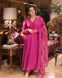 Women's Beautiful Pink Poly Silk Anarkali Solid Kurta, Bottom and Dupatta Set-thumb2