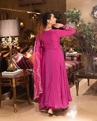 Women's Beautiful Pink Poly Silk Anarkali Solid Kurta, Bottom and Dupatta Set-thumb1