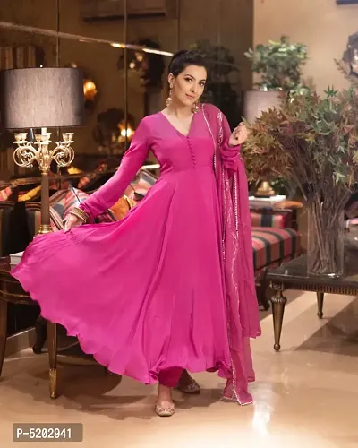 Women's Beautiful Pink Poly Silk Anarkali Solid Kurta, Bottom and Dupatta Set