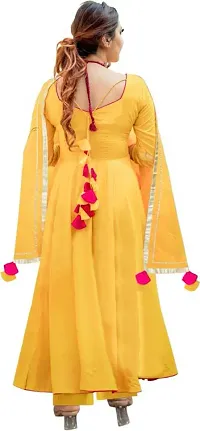 Women's Beautiful Yellow Rayon Anarkali Solid Kurta, Bottom and Dupatta Set-thumb1