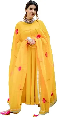 Women's Beautiful Yellow Rayon Anarkali Solid Kurta, Bottom and Dupatta Set-thumb3