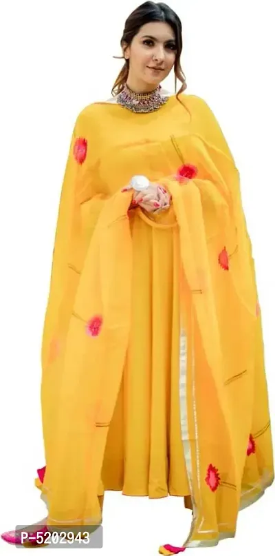 Women's Beautiful Yellow Rayon Anarkali Solid Kurta, Bottom and Dupatta Set-thumb4