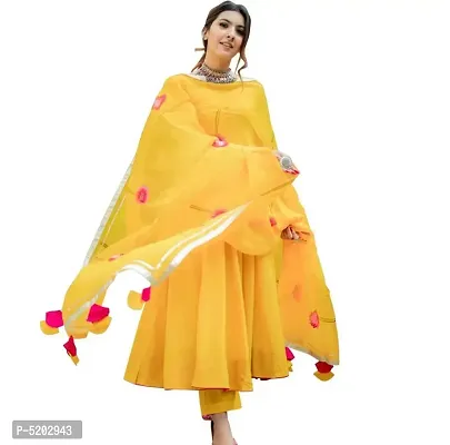 Women's Beautiful Yellow Rayon Anarkali Solid Kurta, Bottom and Dupatta Set-thumb0
