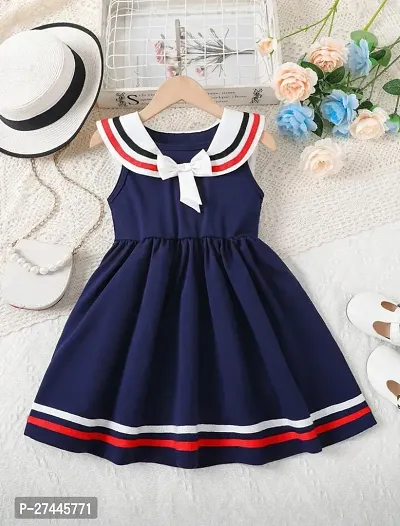 Stylish Cotton Striped Trim Sailor Collar  Dress For Baby Girls