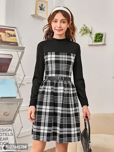 Stylish Black Checked Fit and Flare Dress with Belt For Baby Girls