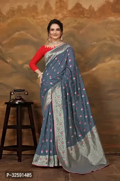 Stylish Grey Cotton Silk Saree With Blouse Piece For Women-thumb0