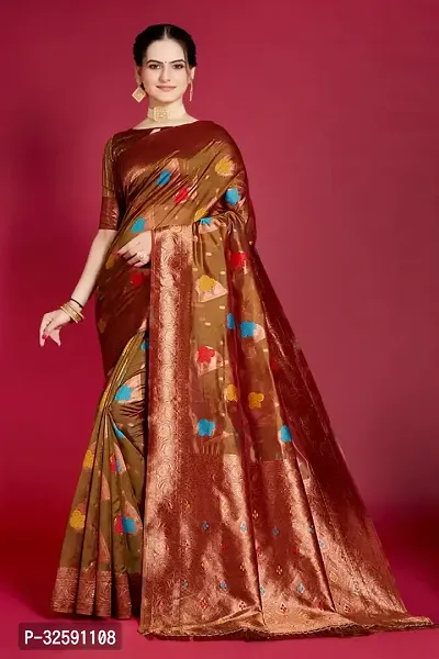 Stylish Brown Organza Saree With Blouse Piece For Women-thumb0