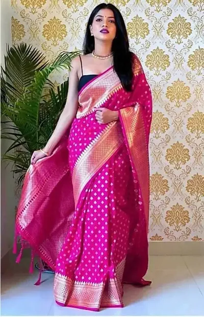 ROBES NEW ARRIVAL Women's Solid LITCHI SILK 5.5 Meter Saree with Unstitched Blouse Piece {PINK