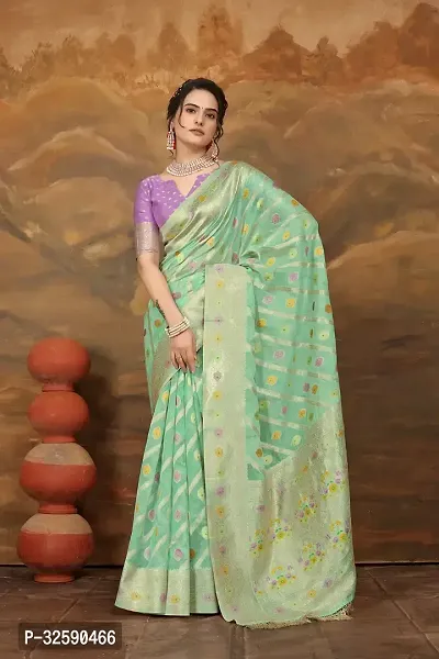 Stylish Green Organza Saree With Blouse Piece For Women-thumb0