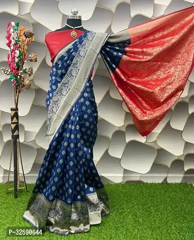 Stylish Navy Blue Art Silk Saree With Blouse Piece For Women-thumb0