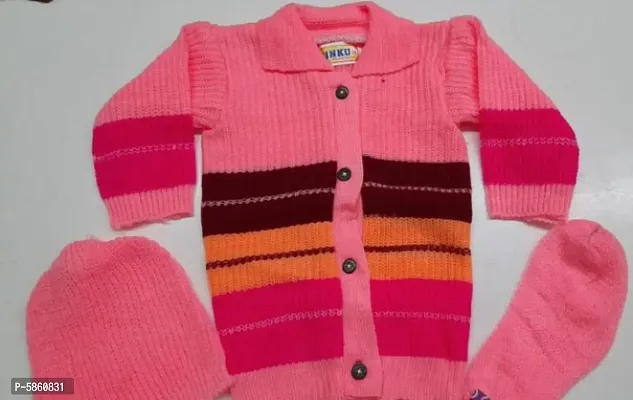 Stylish Woolen Striped Sweater With Cap And Socks For Kids-thumb0