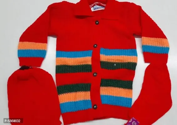Stylish Woolen Striped Sweater With Cap And Socks For Kids