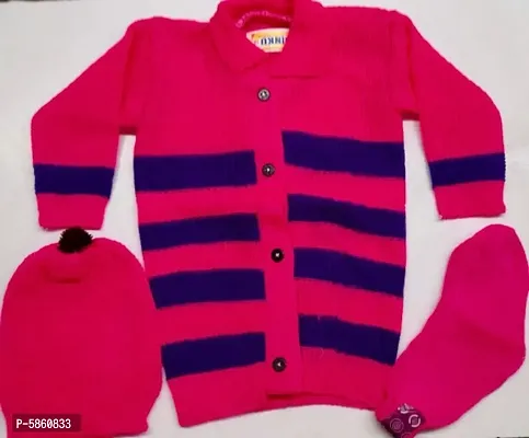 Stylish Woolen Striped Sweater With Cap And Socks For Kids-thumb0