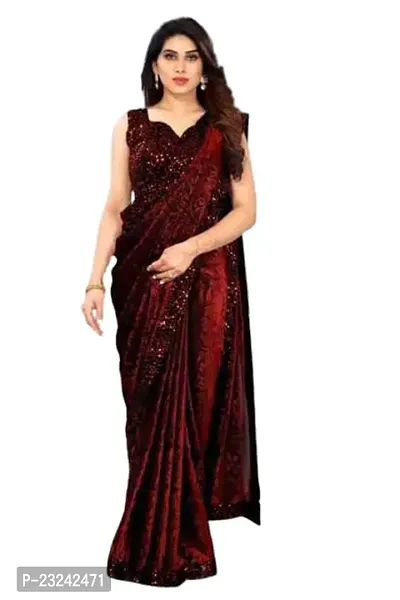 KIRAN SAREE Women's Lycra Floral Saree Embellished Border Work Bollywood Design with Sequence Blouse (Red)-thumb0