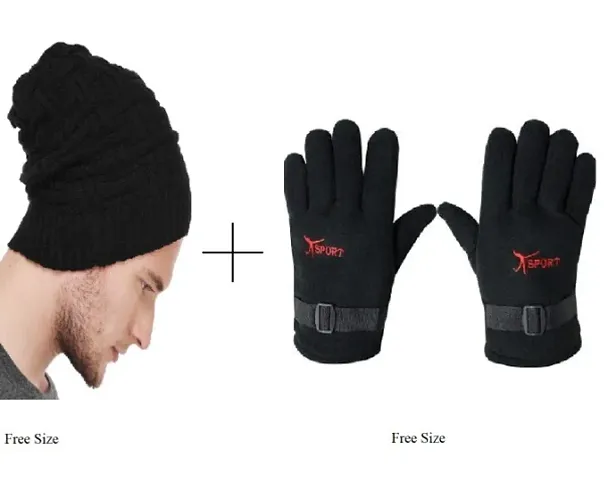 Combo of Beanie Cap with Fur Inside and Sports Gloves