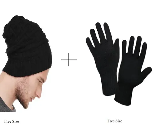 Combo of Beanie Cap with Fur inside and Woollen Gloves