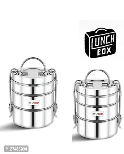 combo Stainless Steel Traditional Indian Tiffin Carrier l Lunch Box Section off 3 for School/Office/College (Stainless Steel,-thumb3
