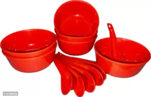 Plastic Soup Bowl Round Shape Soup Bowls Set 6 Bowl and 6 Spoon Disposable (Pack of 12,  red*)