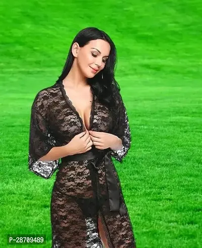 Stylish Black Net Self Pattern Nighty For Women