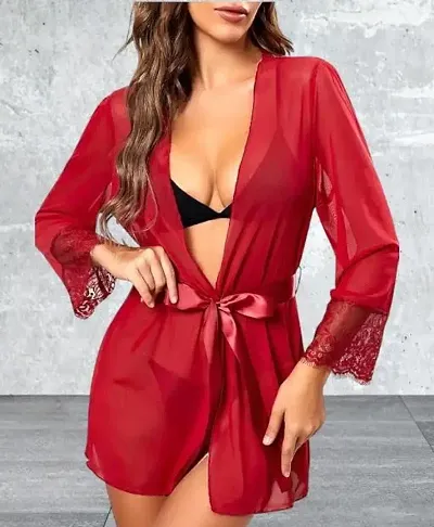 Stylish Net Solid Nightwear Robe For Women