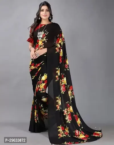 Elegant Black Georgette Printed Saree With Blouse Piece For Women-thumb0