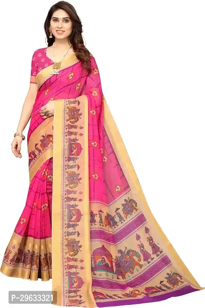 Elegant Pink Cotton Silk Printed Saree With Blouse Piece For Women