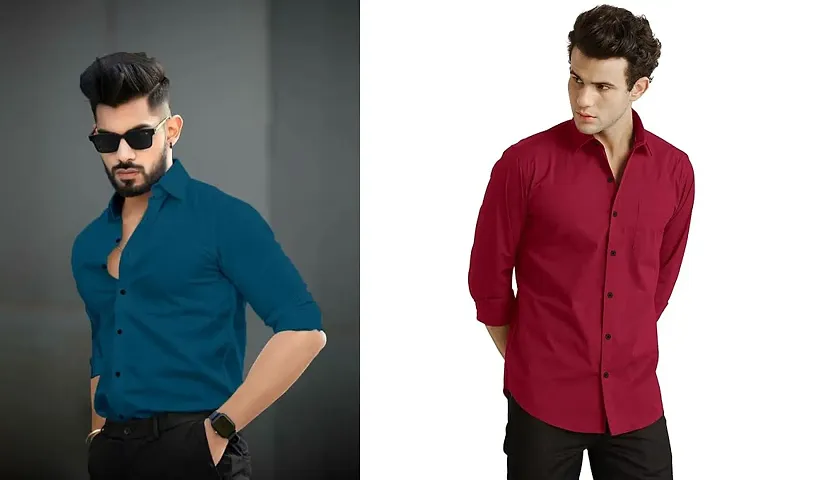 Classic Stylish Polyester Solid Long Sleeves Shirt For Men Pack Of 2