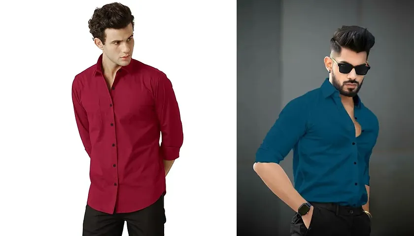 Classic Stylish Polyester Solid Long Sleeves Shirt For Men Pack Of 2