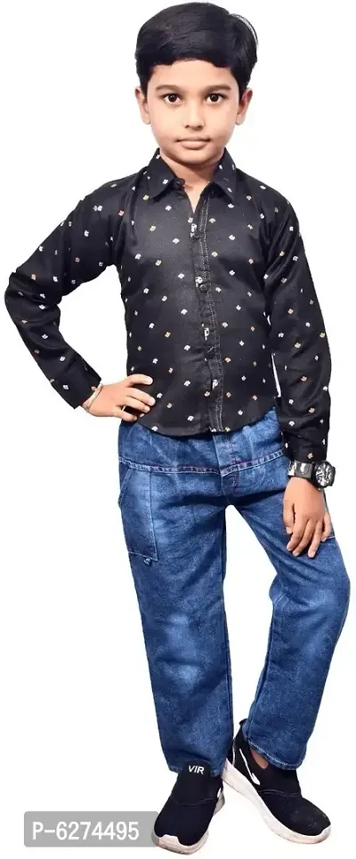 Stylish Cotton Blend Black Printed Shirt With Jeans For Boys