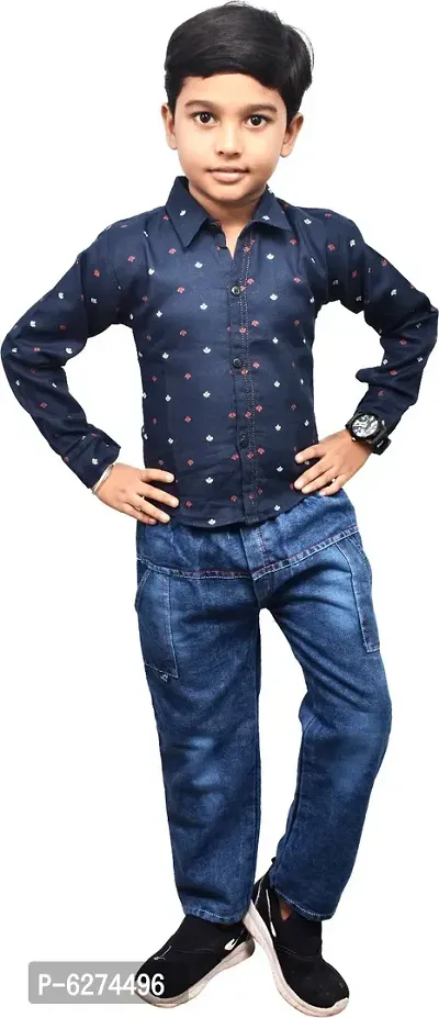Stylish Cotton Blend Navy Blue Printed Shirt With Jeans For Boys
