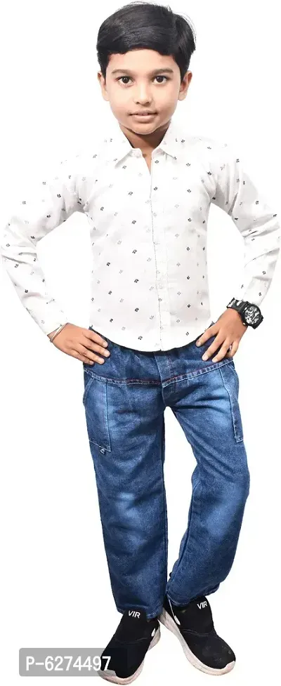 Stylish Cotton Blend White Printed Shirt With Jeans For Boys