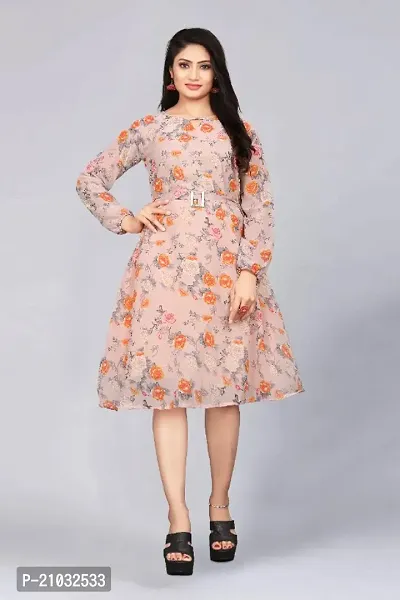 Women Taupe  Blue Floral Printed A-Line Dress With Puff Sleeves-thumb0