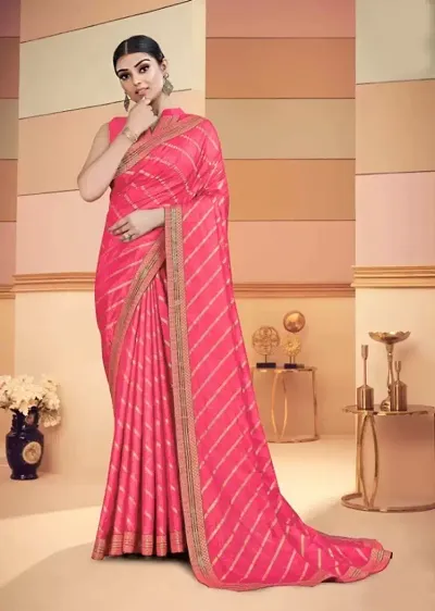 SHRISHARVADA TRANDZ saree Leheriya saree with lace border dola silk chiffon jacquard lace work lahriya foil print sarees with blouse piece (PINK)