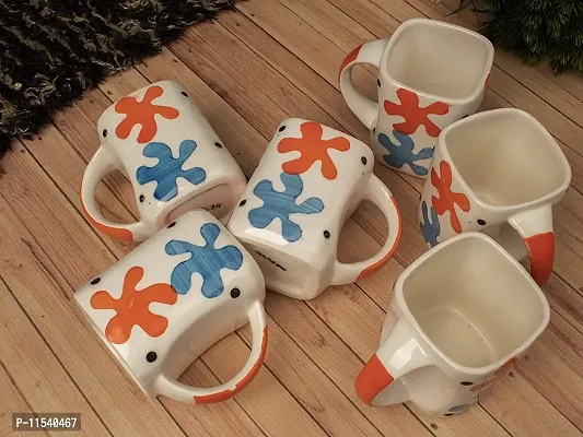 TMF White Color Flower Print Square Shape Milk  Coffee Mug Set of 6, 325 Ml