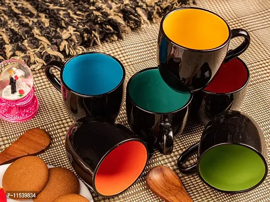TMF Glossy Black Multicolor Tea Cup Set of 6, 180 Ml