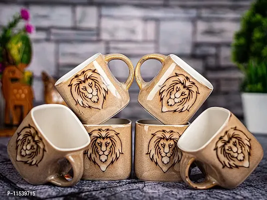 TMF Lion Print Square Shape Tea Cups, Set of 6, 180 ML (Ivory)-thumb0