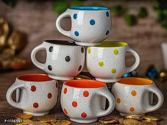 TMF White Dot Round Multicolor Tea Cup Set of 6, 180 ml