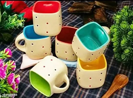 Kalka Ceramic Tea Cups Microwave Safe Set of 6 Pieces, Multicolor Dotted, 110 ml