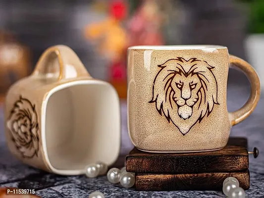 TMF Lion Print Square Shape Tea Cups, Set of 6, 180 ML (Ivory)-thumb3