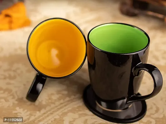 TMF Shinny Black Milk & Coffee Mugs (Yellow + Parrot Green)