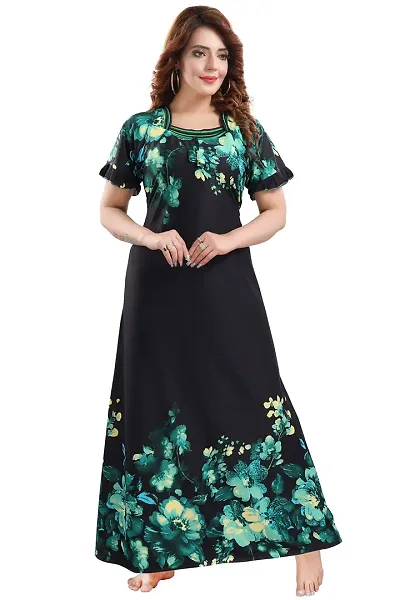 SHREE BALAJI MAXI Women's Satin Floral Maxi Night Gown (FROCK-H_Green, Black_Free Size)